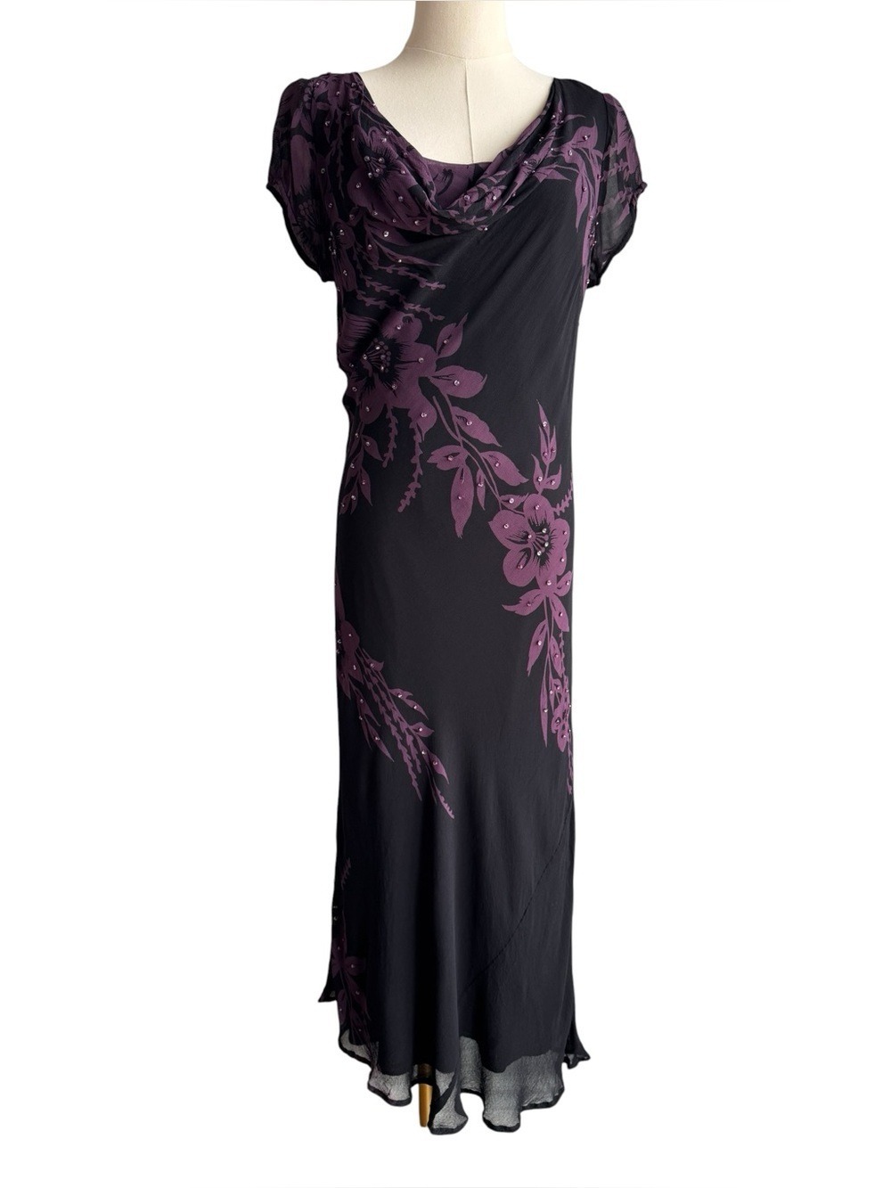 Vintage Y2K Black Purple Floral Chiffon Dress Sz 8 Beaded Cowl Neck Formal Party